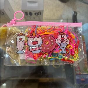 Cute Clear Pink Zip Pouch with small rubber bands